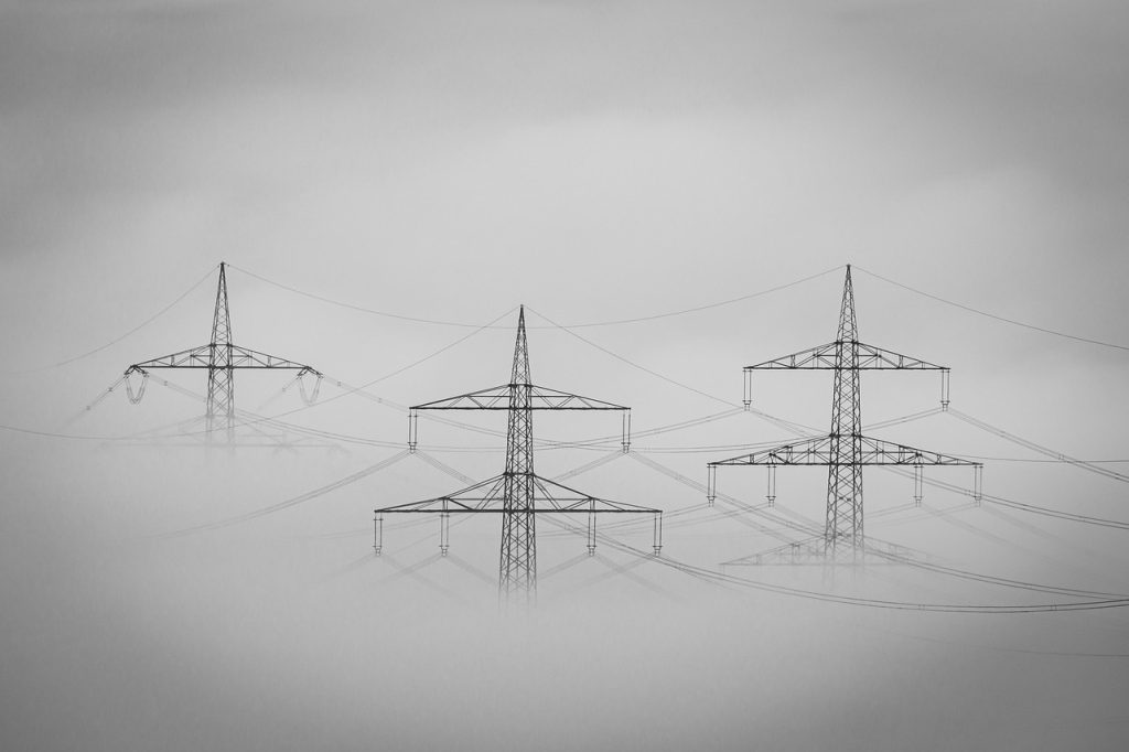 fog, landscape, electricity, electricity pylons, haze, mood, clouds, heaven, mystical, the atmosphere, black-and-white, three, technology, industry, cotton wool, stole, electro, supply, nature, transmission